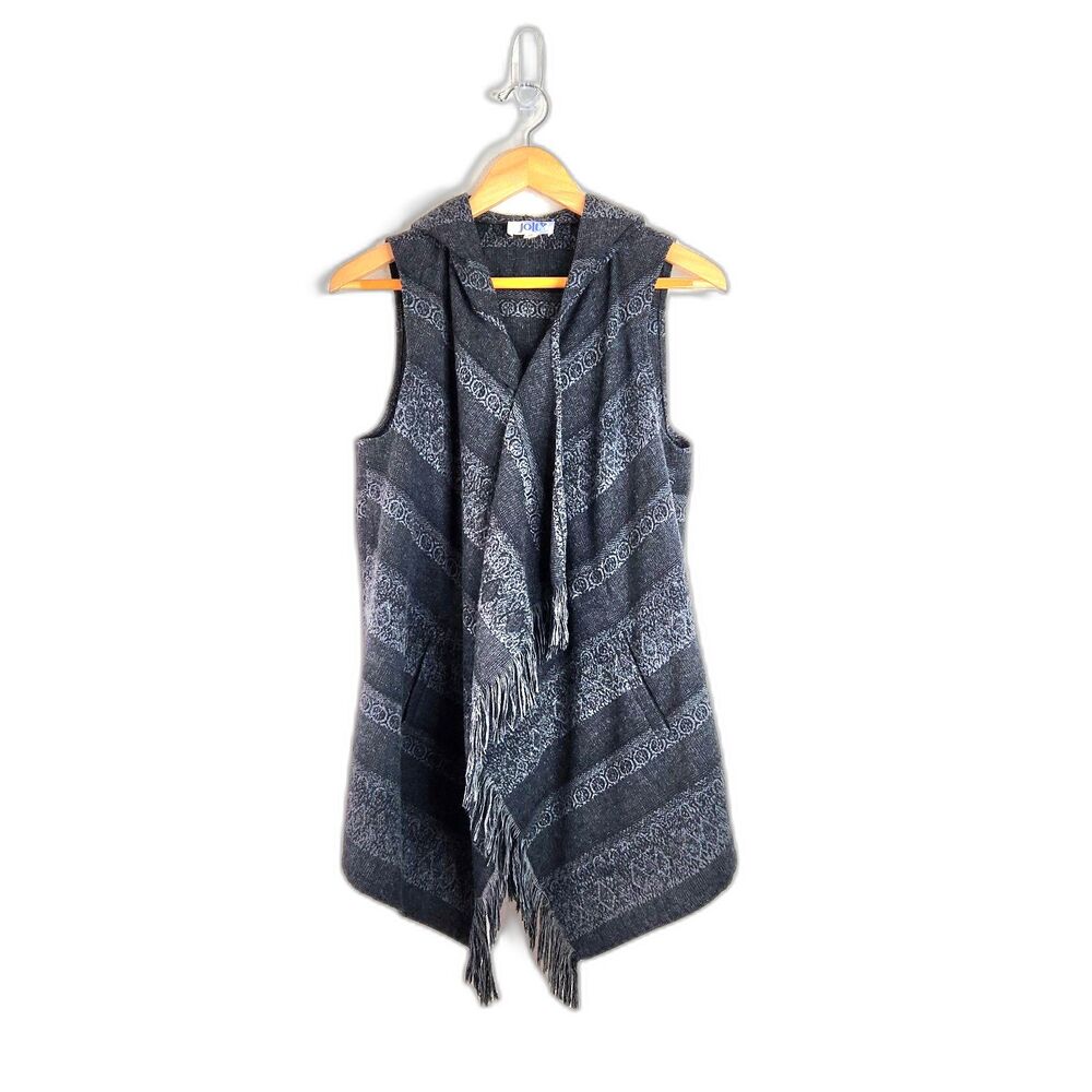 Jolt Black Gray Casual Hooded Cardigan Vest size XS Fringe Lightweight Pockets